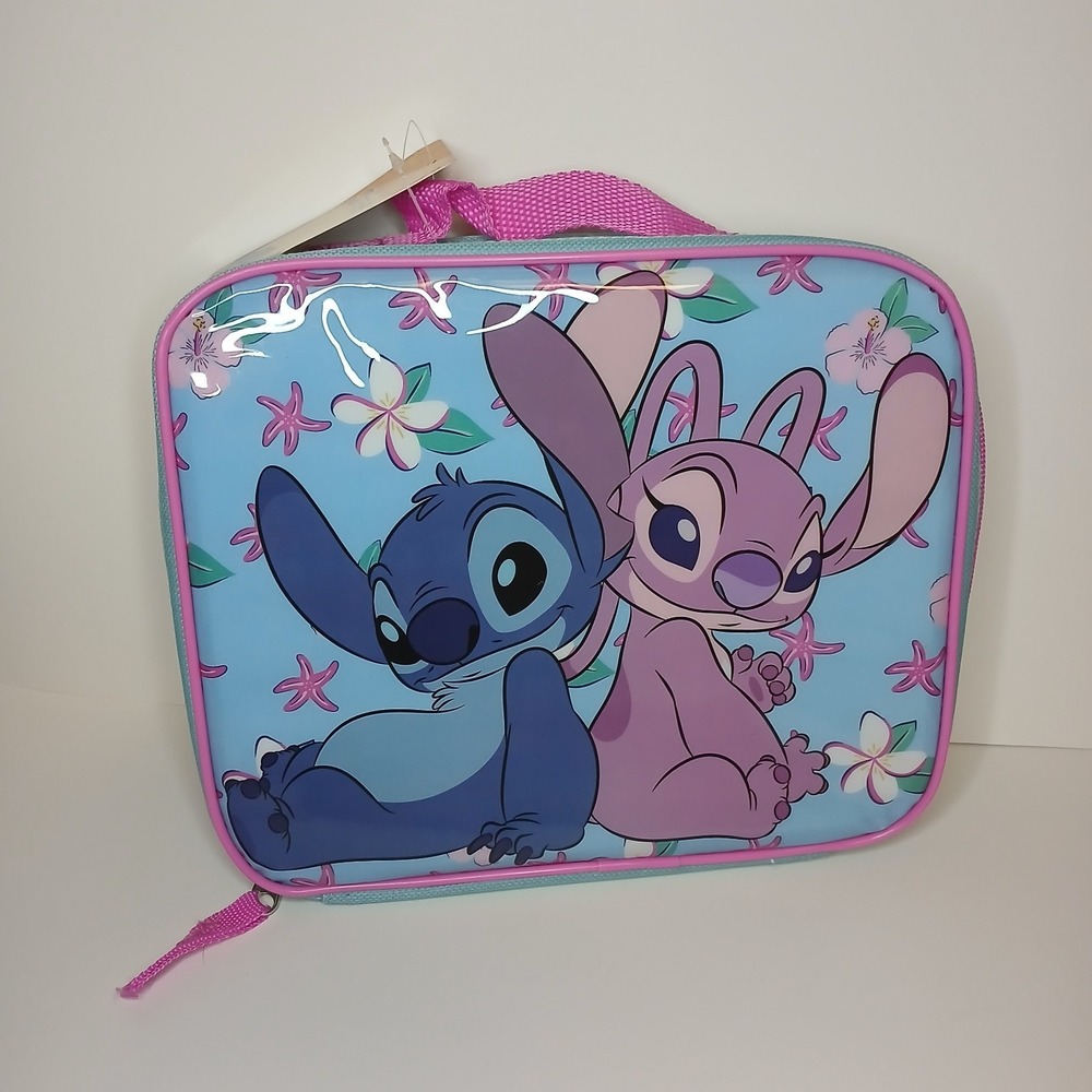 Disney Stitch & Angel Insulated Lunch Bag w/ Handle Floral Blue/Pink Kids school